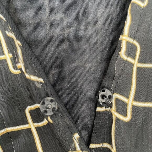 HAVER LONDON Black/Gold Geo Chains VNeck Elastic Cuffs Ruched Waist Blouse Large - Picture 11 of 15